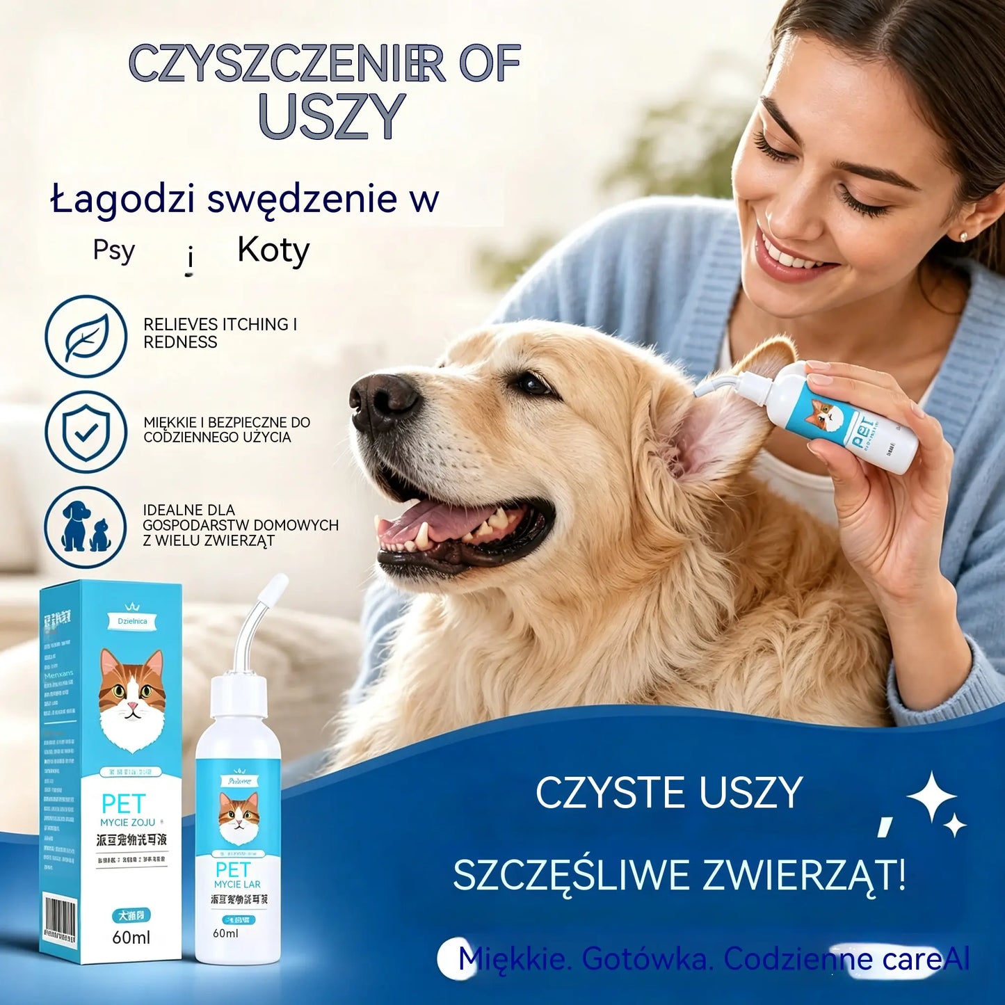 🐶【Kup 1, otrzymaj 1 gratis】【2 za 109 zł. 】🐱 Środek do czyszczenia uszu łagodzący swędzenie u psów i kotów.