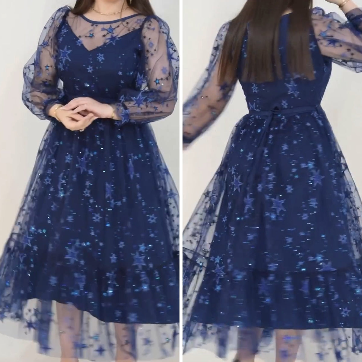 【S-5XL】✨【Długa sukienka z tiulu w gwiazdki】Elegancka i smukła|Marzycielskie rozgwieżdżone niebo|Idealna na randki i imprezy