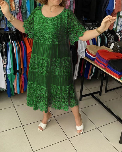 ✨✨【S-5XL】Rochie tricou nouă cu mânecă scurtă, cu gât rotund, din dantelă