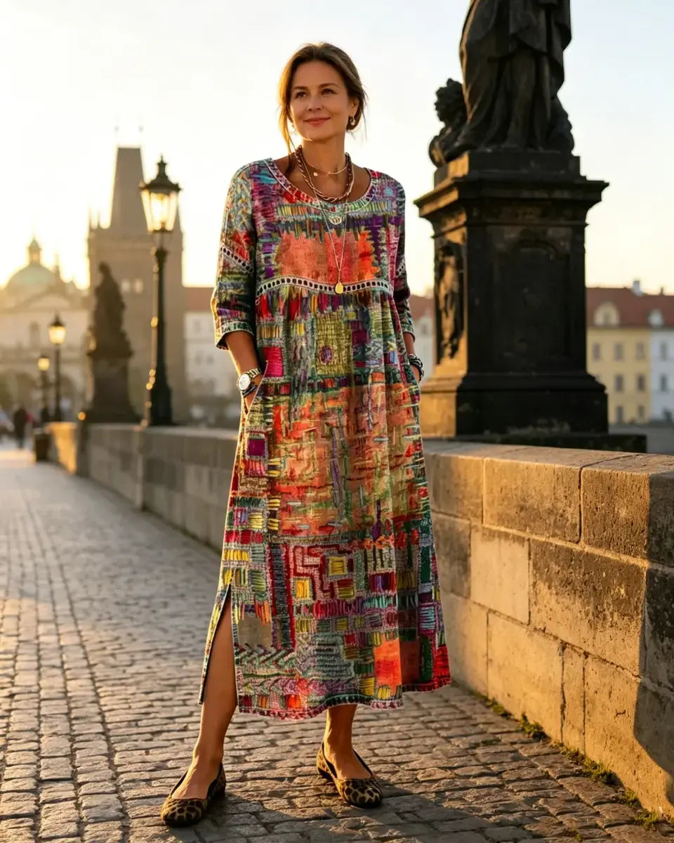 Letnia sukienka w stylu retro z okrągłym dekoltem i nadrukiem – lekka, przewiewna, wyszczuplająca i łatwa w stylizacji.