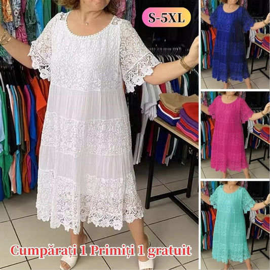 ✨✨【S-5XL】Rochie tricou nouă cu mânecă scurtă, cu gât rotund, din dantelă