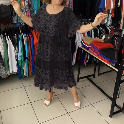✨✨【S-5XL】Rochie tricou nouă cu mânecă scurtă, cu gât rotund, din dantelă