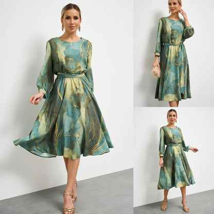 🌿💃【Zână de primăvară】✨ Rochie verde elegantă 2025 cu mânecă lungă și fustă fluidă 🌸👗 Stil rafinat pentru sezonul cald