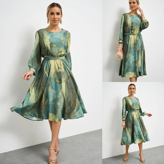 🌿💃【Zână de primăvară】✨ Rochie verde elegantă 2025 cu mânecă lungă și fustă fluidă 🌸👗 Stil rafinat pentru sezonul cald