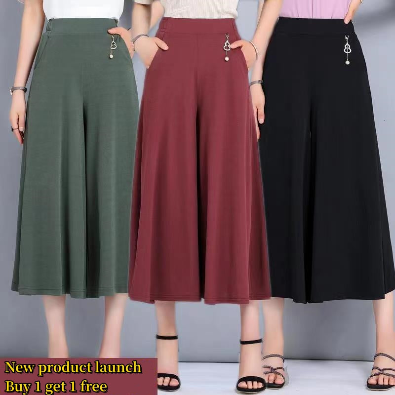 👖🌿【M-5XL】2025 Nowe damskie letnie szerokie nogawki Ice Silk Cropped Pants-3918409