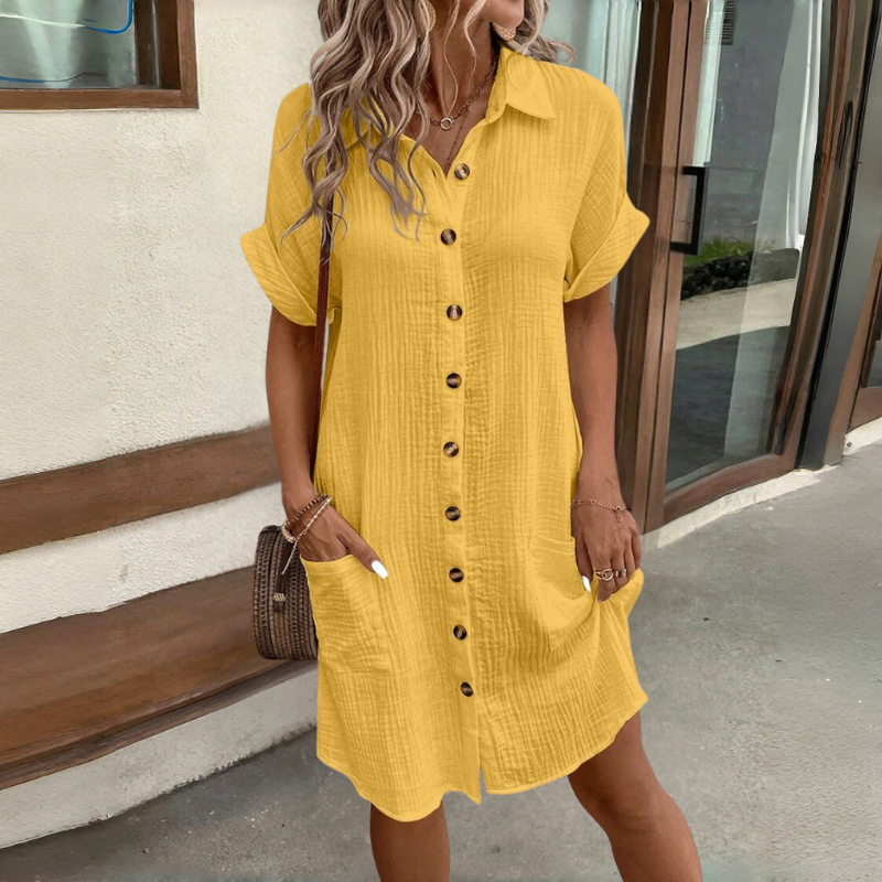 💕🎁【S-2XL]】 Rochie tip cămașă cu mânecă scurtă din bumbac și in, ușoară și respirabilă, la reducere de vară 2025
