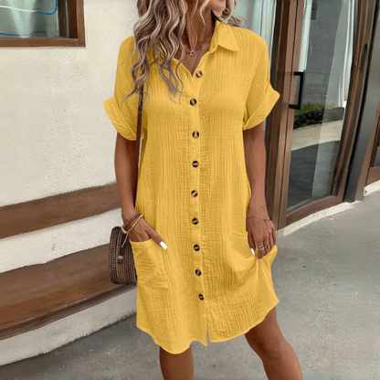 💕🎁【S-2XL]】 Rochie tip cămașă cu mânecă scurtă din bumbac și in, ușoară și respirabilă, la reducere de vară 2025