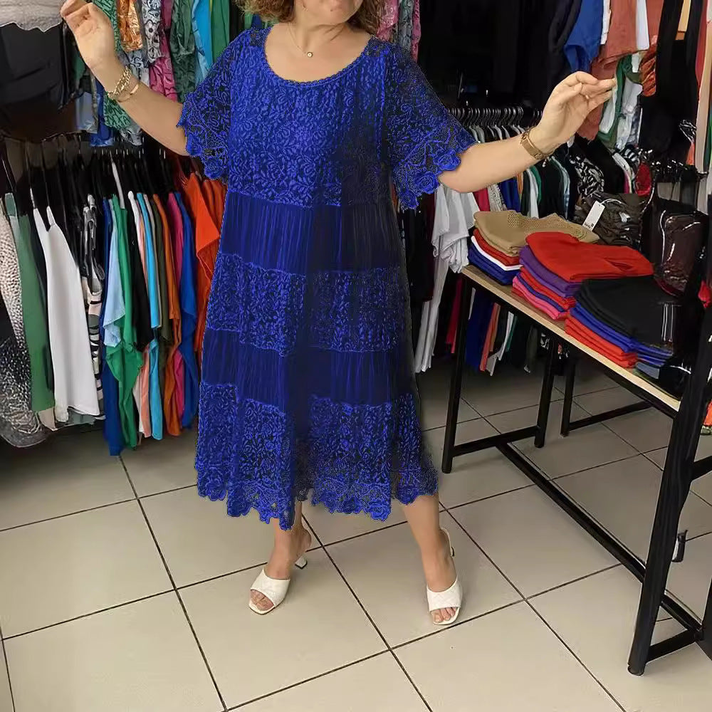 ✨✨【S-5XL】Rochie tricou nouă cu mânecă scurtă, cu gât rotund, din dantelă