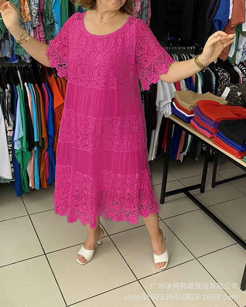 ✨✨【S-5XL】Rochie tricou nouă cu mânecă scurtă, cu gât rotund, din dantelă
