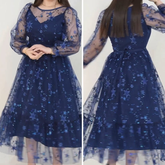 【S-5XL】✨【Długa sukienka z tiulu w gwiazdki】Elegancka i smukła｜Marzycielskie rozgwieżdżone niebo｜Idealna na randki i imprezy
