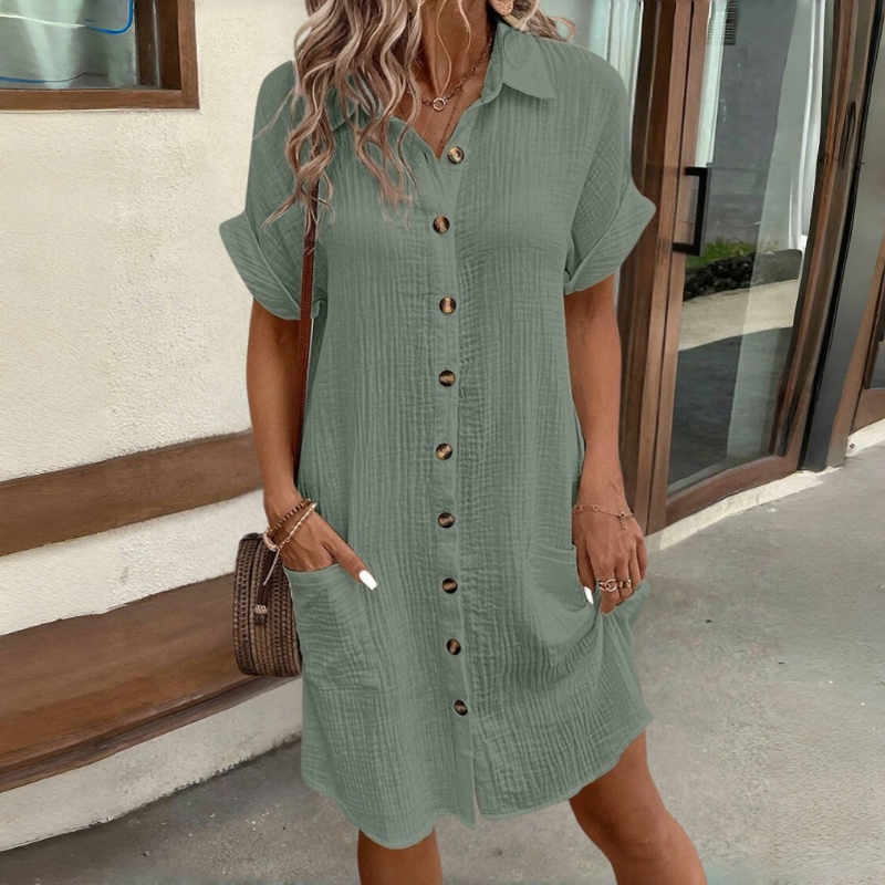 💕🎁【S-2XL]】 Rochie tip cămașă cu mânecă scurtă din bumbac și in, ușoară și respirabilă, la reducere de vară 2025