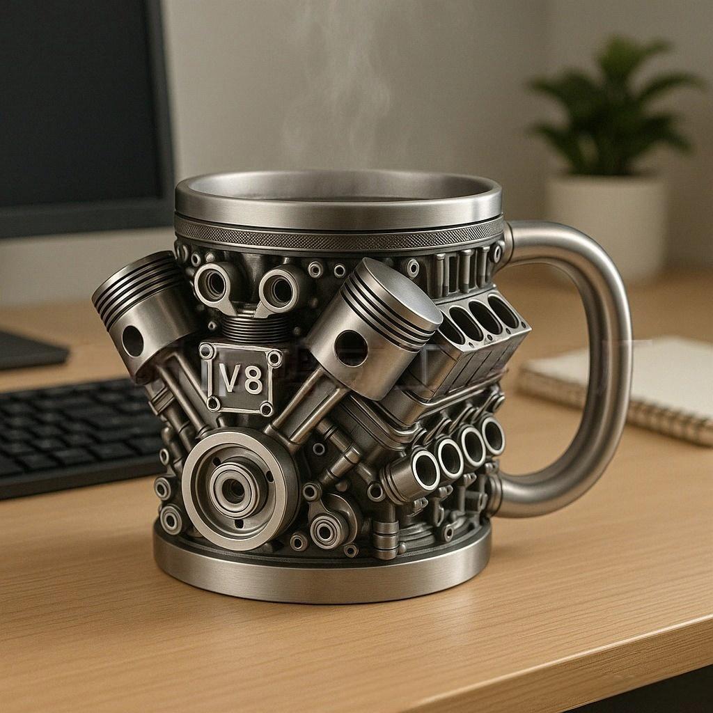 🎁☕ Šalica za kavu od nehrđajućeg čelika Creative Engine V6V8, mehanički dizajn