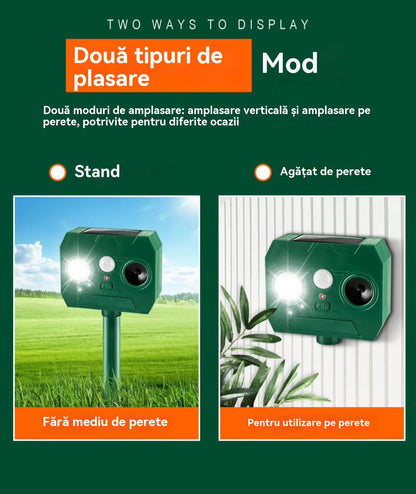【🔥Kup jeden, a drugi dostaniesz gratis】🔥Zasilany energią słoneczną zewnętrzny ultradźwiękowy odstraszacz ptaków z dwoma klaksonami i migającymi światłami
