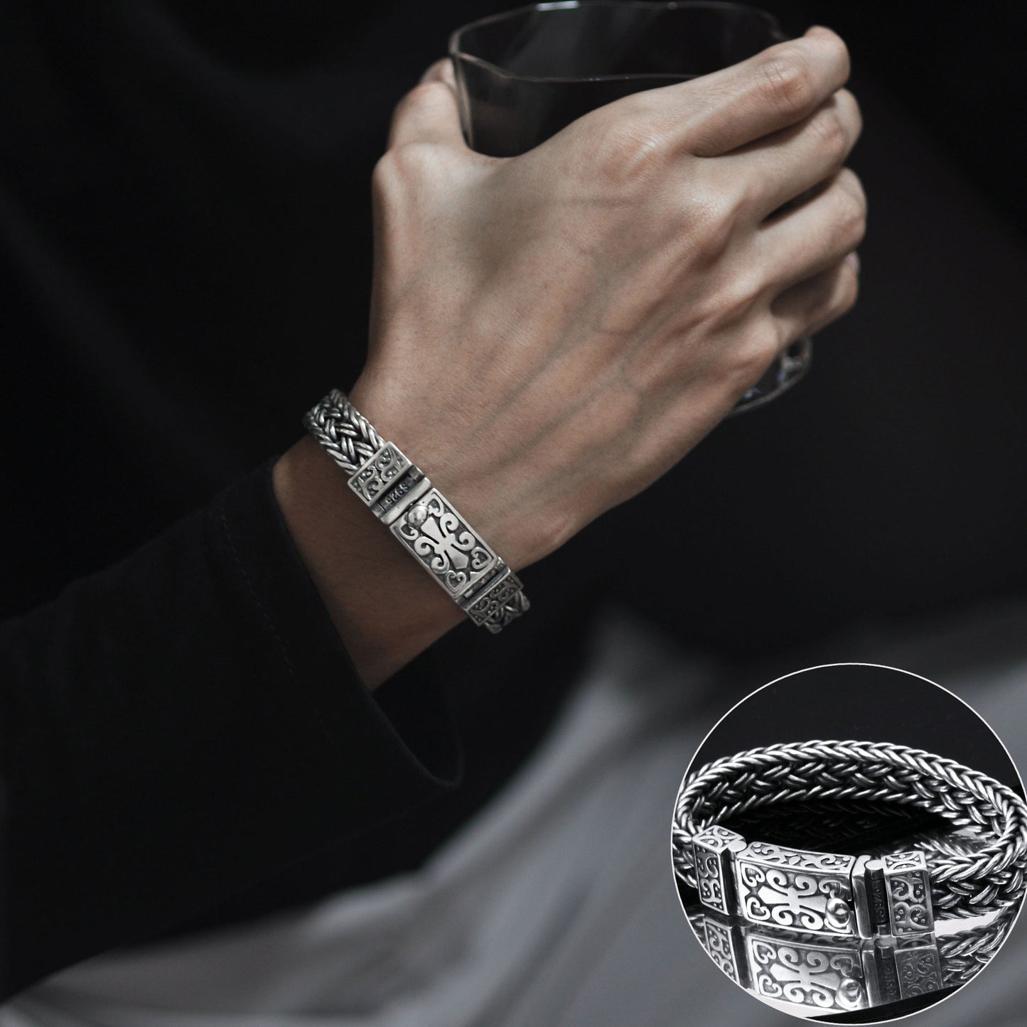 ✨✨Pánske náramky zo striebra 925, ručne tkané, široké a hrubé, retro trendy