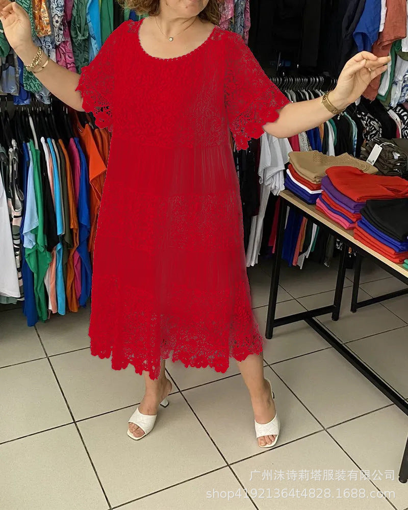 ✨✨【S-5XL】Rochie tricou nouă cu mânecă scurtă, cu gât rotund, din dantelă