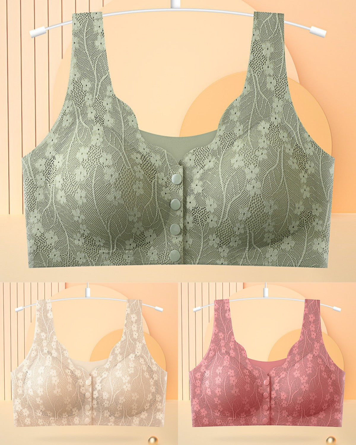 😍【3 sztuki】【40-100KG】👙Biustonosz damski bez fiszbin z koronkowym przodem, 49% zniżki