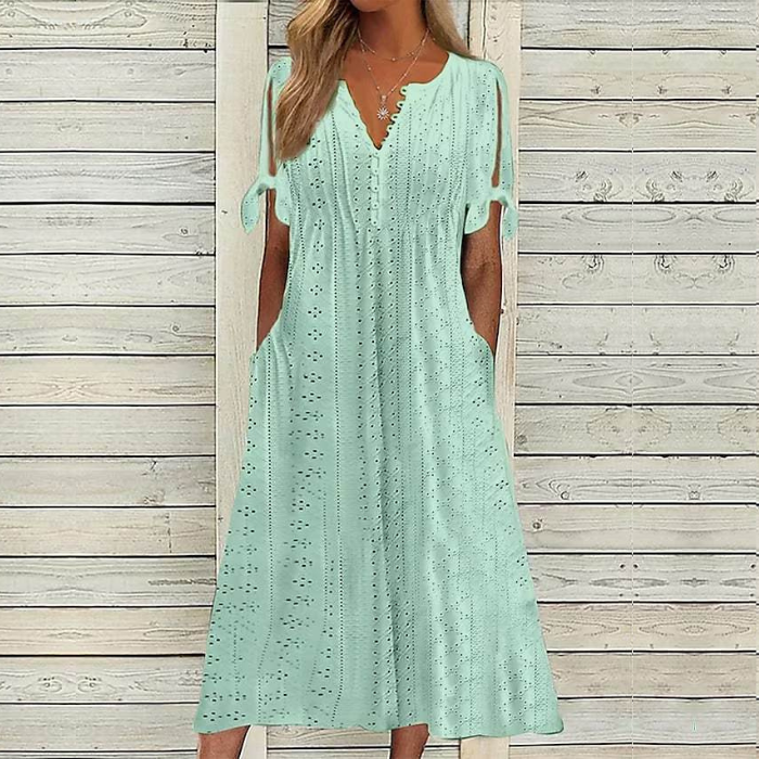 👗👗【Ofertă limitată】✨✨【S-5XL】 Rochie nouă la modă, casual, lejeră, cu talie înaltă, brodată, în culoare uni, simplă și elegantă, culoare unică