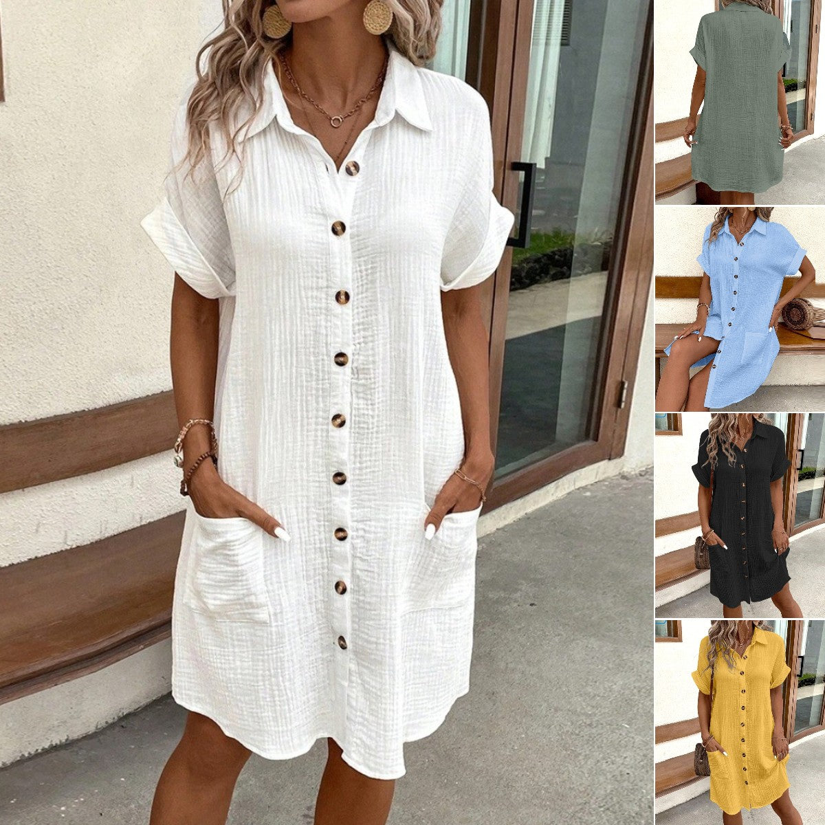 💕🎁【S-2XL]】 Rochie tip cămașă cu mânecă scurtă din bumbac și in, ușoară și respirabilă, la reducere de vară 2025