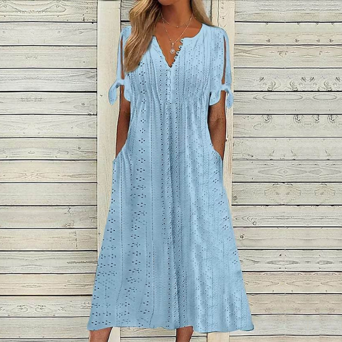 👗👗【Ofertă limitată】✨✨【S-5XL】 Rochie nouă la modă, casual, lejeră, cu talie înaltă, brodată, în culoare uni, simplă și elegantă, culoare unică