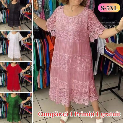 ✨✨【S-5XL】Rochie tricou nouă cu mânecă scurtă, cu gât rotund, din dantelă