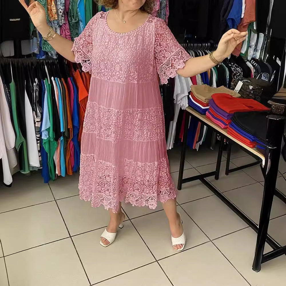 ✨✨【S-5XL】Rochie tricou nouă cu mânecă scurtă, cu gât rotund, din dantelă