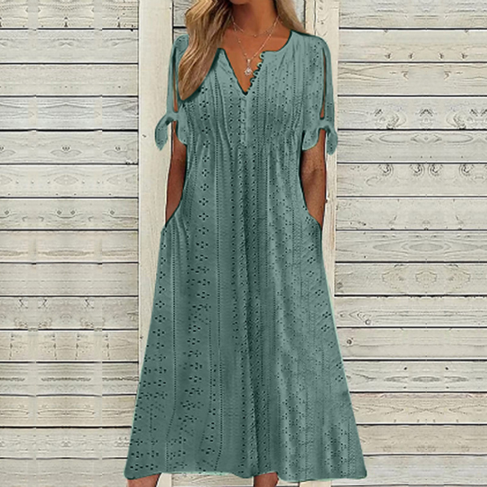 👗👗【Ofertă limitată】✨✨【S-5XL】 Rochie nouă la modă, casual, lejeră, cu talie înaltă, brodată, în culoare uni, simplă și elegantă, culoare unică