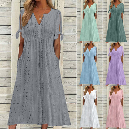 👗👗【Ofertă limitată】✨✨【S-5XL】 Rochie nouă la modă, casual, lejeră, cu talie înaltă, brodată, în culoare uni, simplă și elegantă, culoare unică