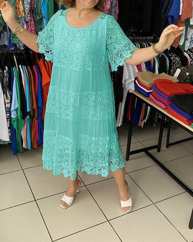 ✨✨【S-5XL】Rochie tricou nouă cu mânecă scurtă, cu gât rotund, din dantelă