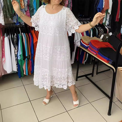 ✨✨【S-5XL】Rochie tricou nouă cu mânecă scurtă, cu gât rotund, din dantelă