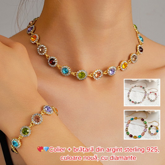 🔥【Cumpără 1, primești 1 gratuit】Set complet cu diamante în culori noi pentru primăvară și vară (colier + brățară din argint 925), design de nișă avansat și versatil