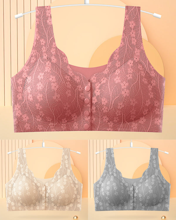 😍【3 sztuki】【40-100KG】👙Biustonosz damski bez fiszbin z koronkowym przodem, 49% zniżki