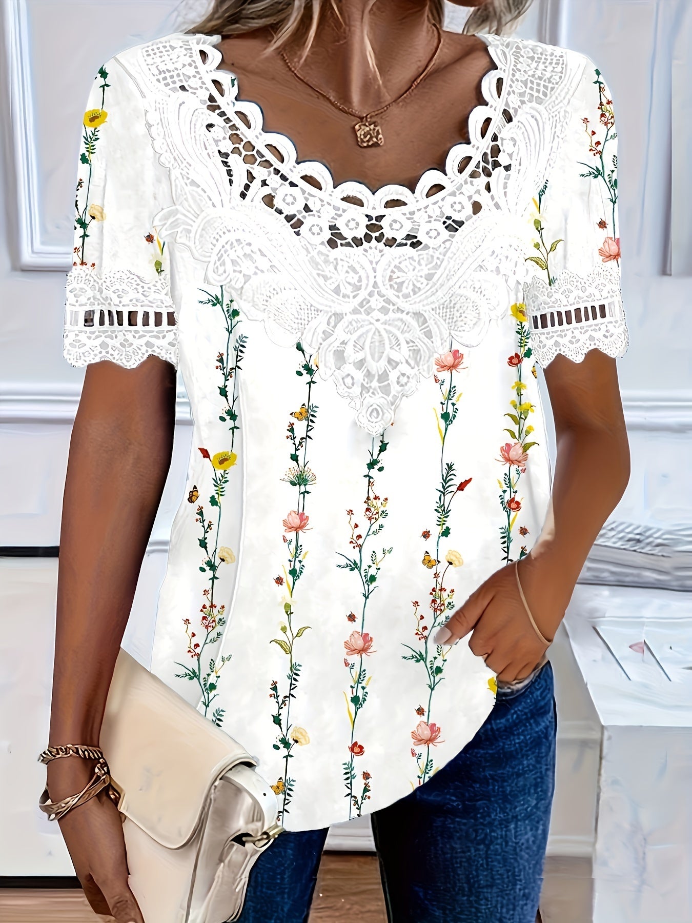 🤩🌺【S-6XL】2025 Noua modă Tricou casual elegant din dantelă pentru femei, confortabil și respirabil_3972632